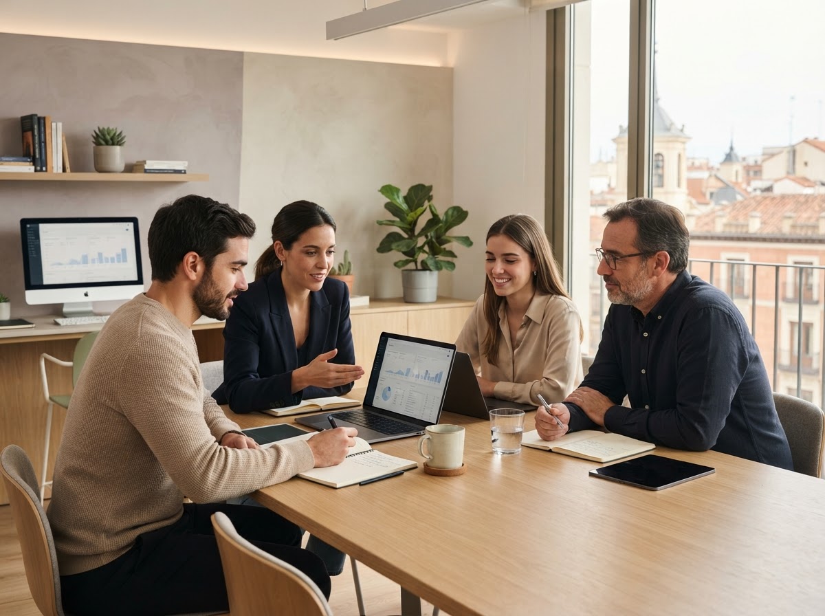 Nube Ganancio equipo analizando datos de mercado para optimización de decisiones